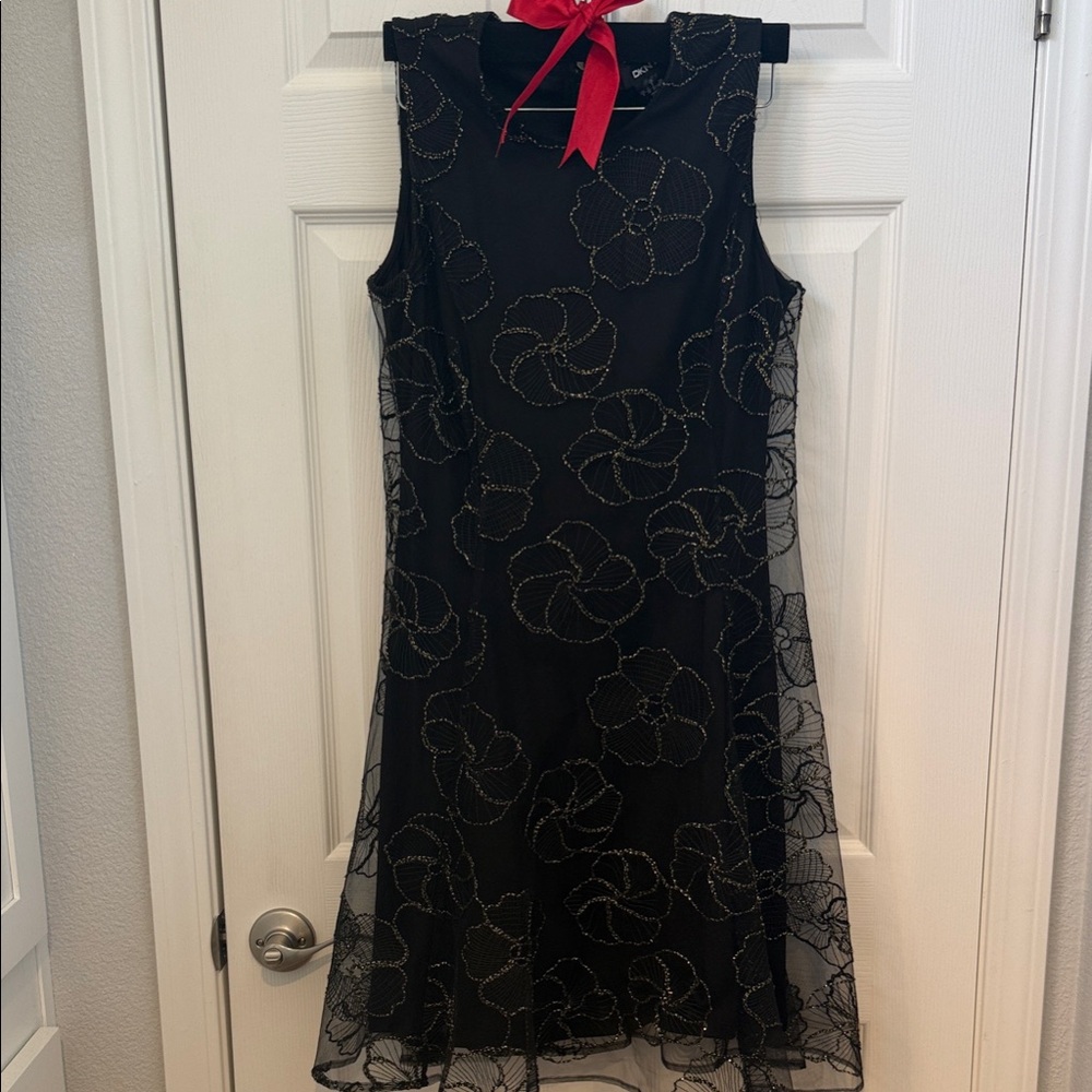 DKNY Black Dress with Gold Floral Design